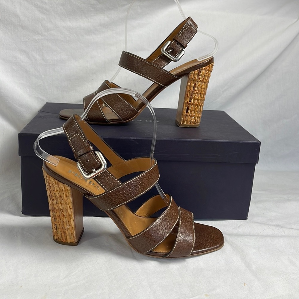 Prada Authentic Wicker Block Heel Ankle Strap San… - image 1